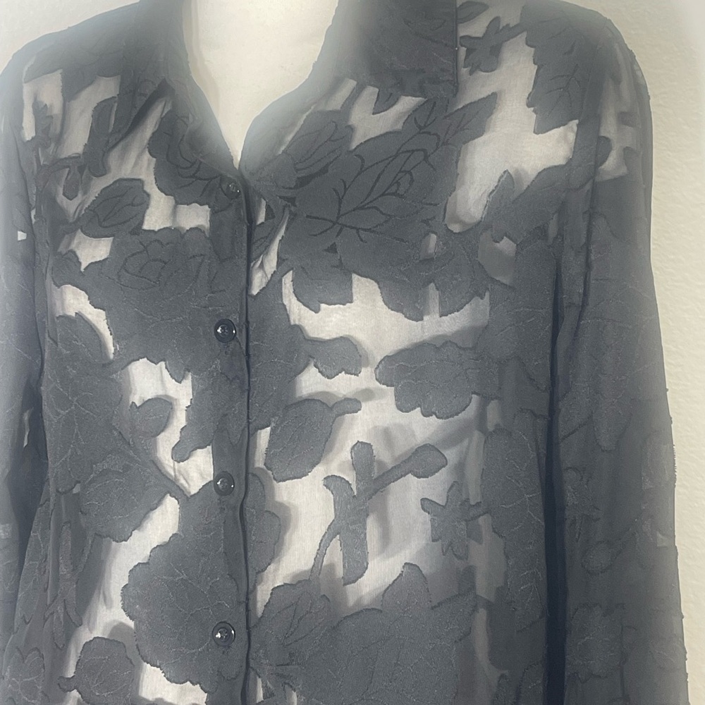 C+D+M collection sheet black floral button down collard blouse large puff sleeve - Picture 2 of 9